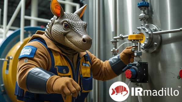 A person dressed as a armadillo standing next to ethanol fermentation equipment.