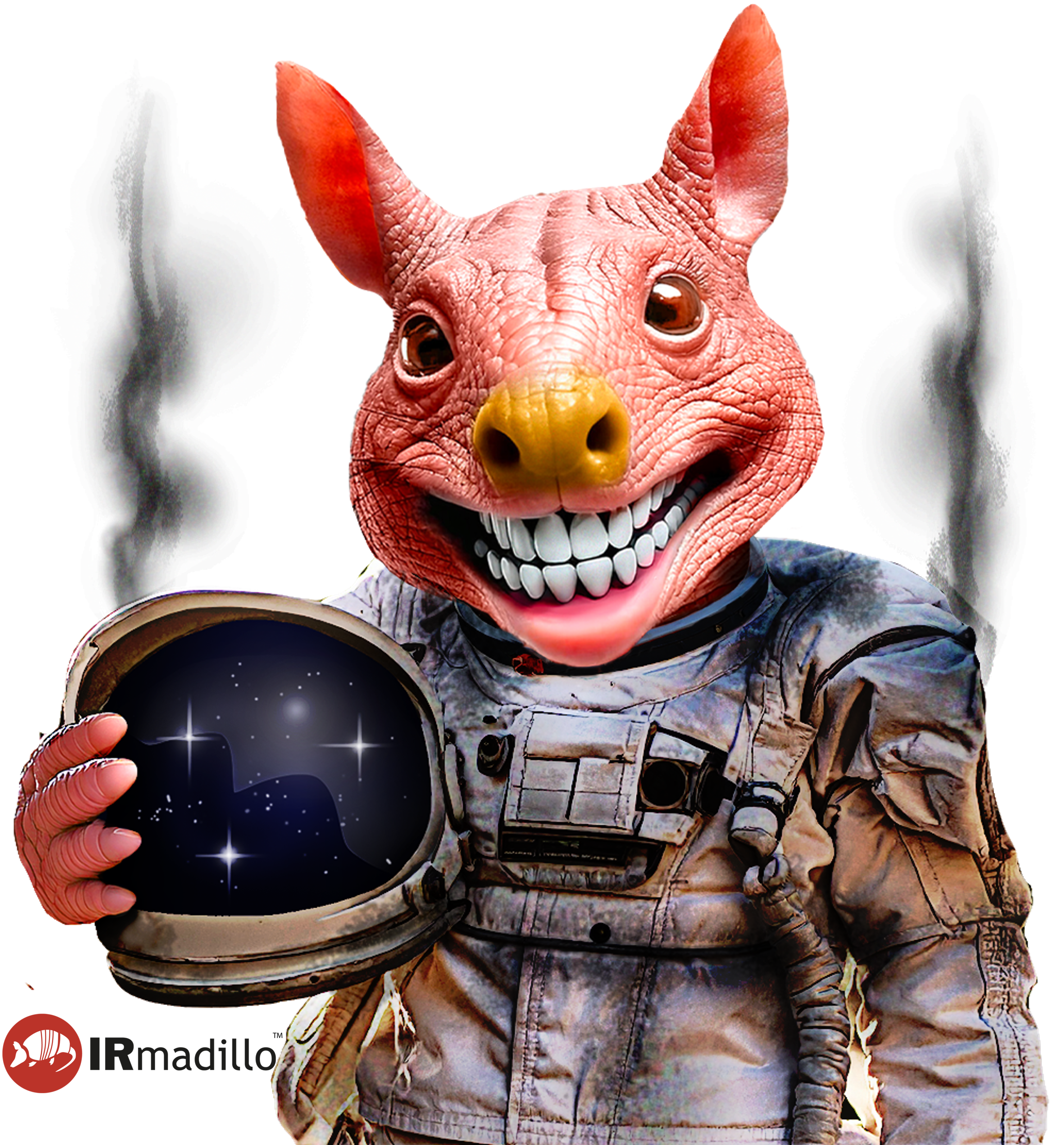 Illustration of the IRmadillo spectrometer depicted as an armadillo in a spacesuit, humorously smoking, referencing its space origins and rugged design